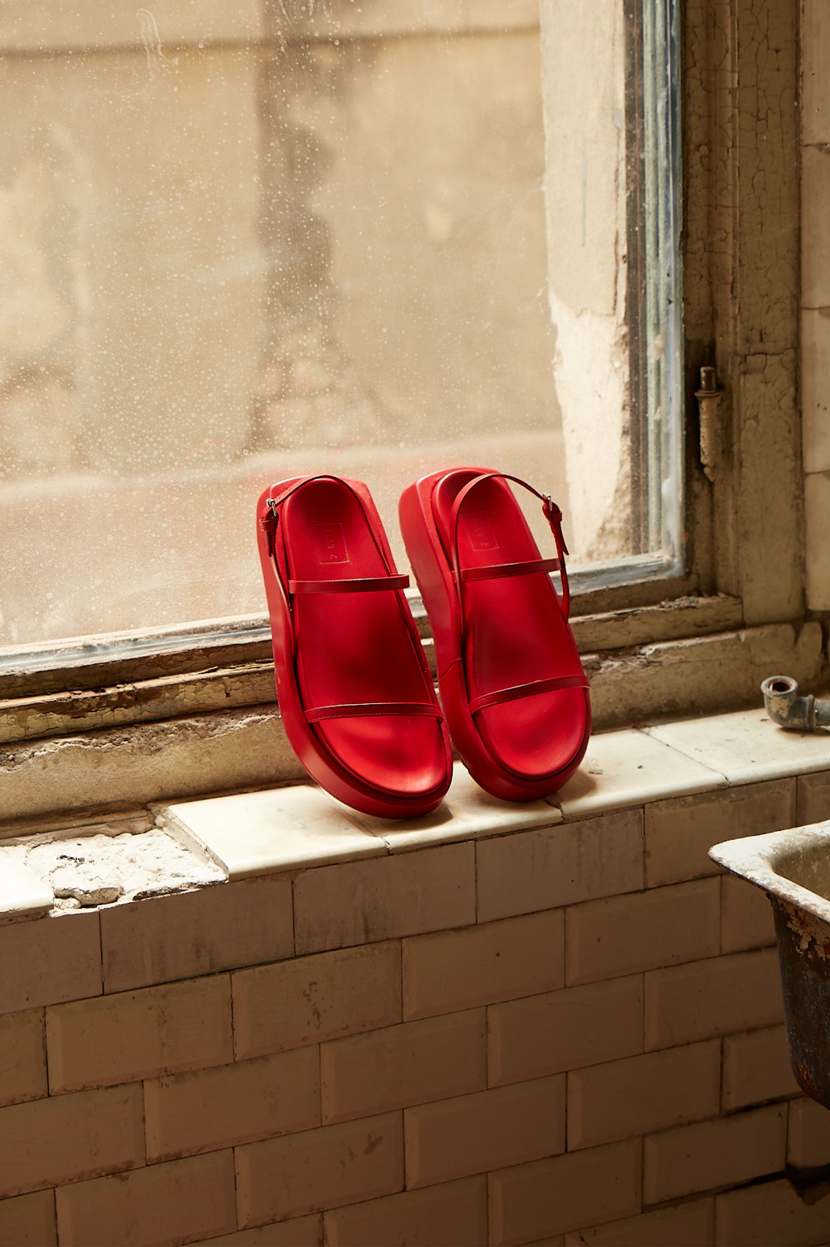 Platform Leather Sandals in Red