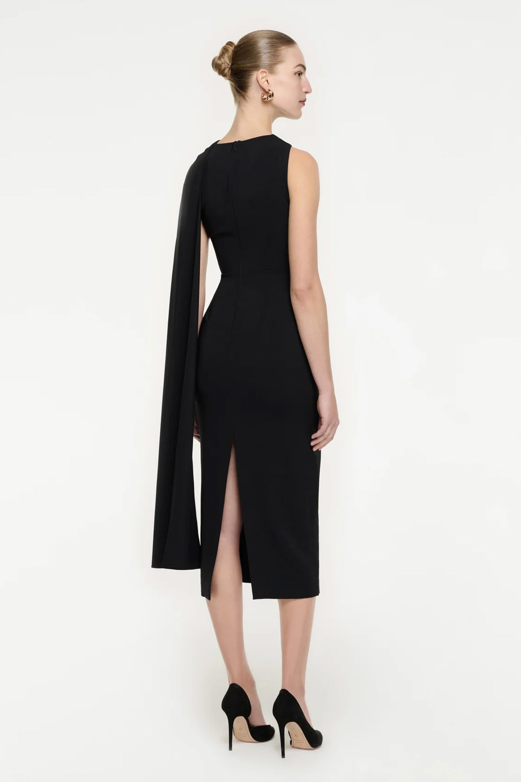 Asymmetric Stretch Cady Midi Dress in Black