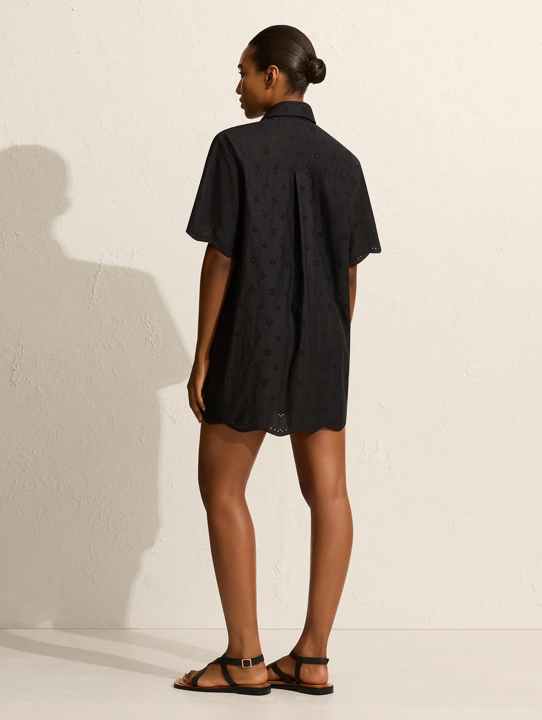 Broderie Mini Shirt Dress in Black