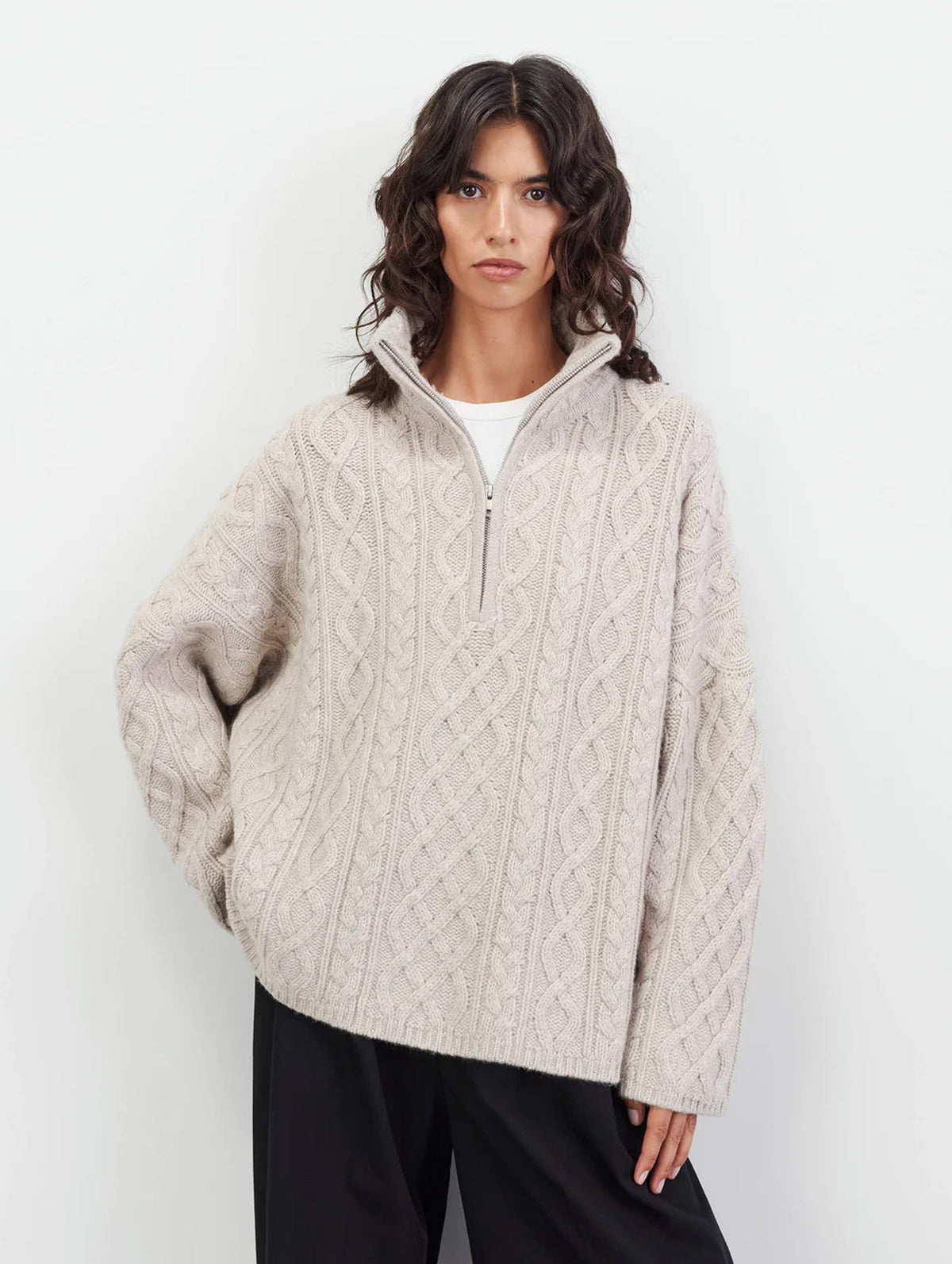Chunky Cable Knit Zip in Light Hay
