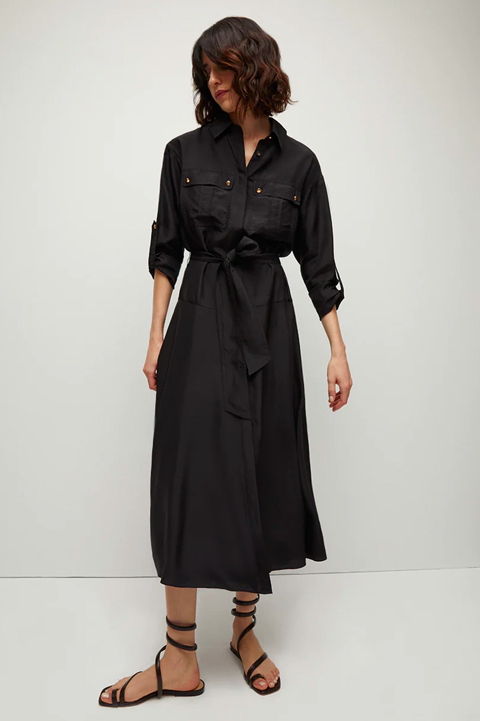 Camille Silk Shirtdress in Black