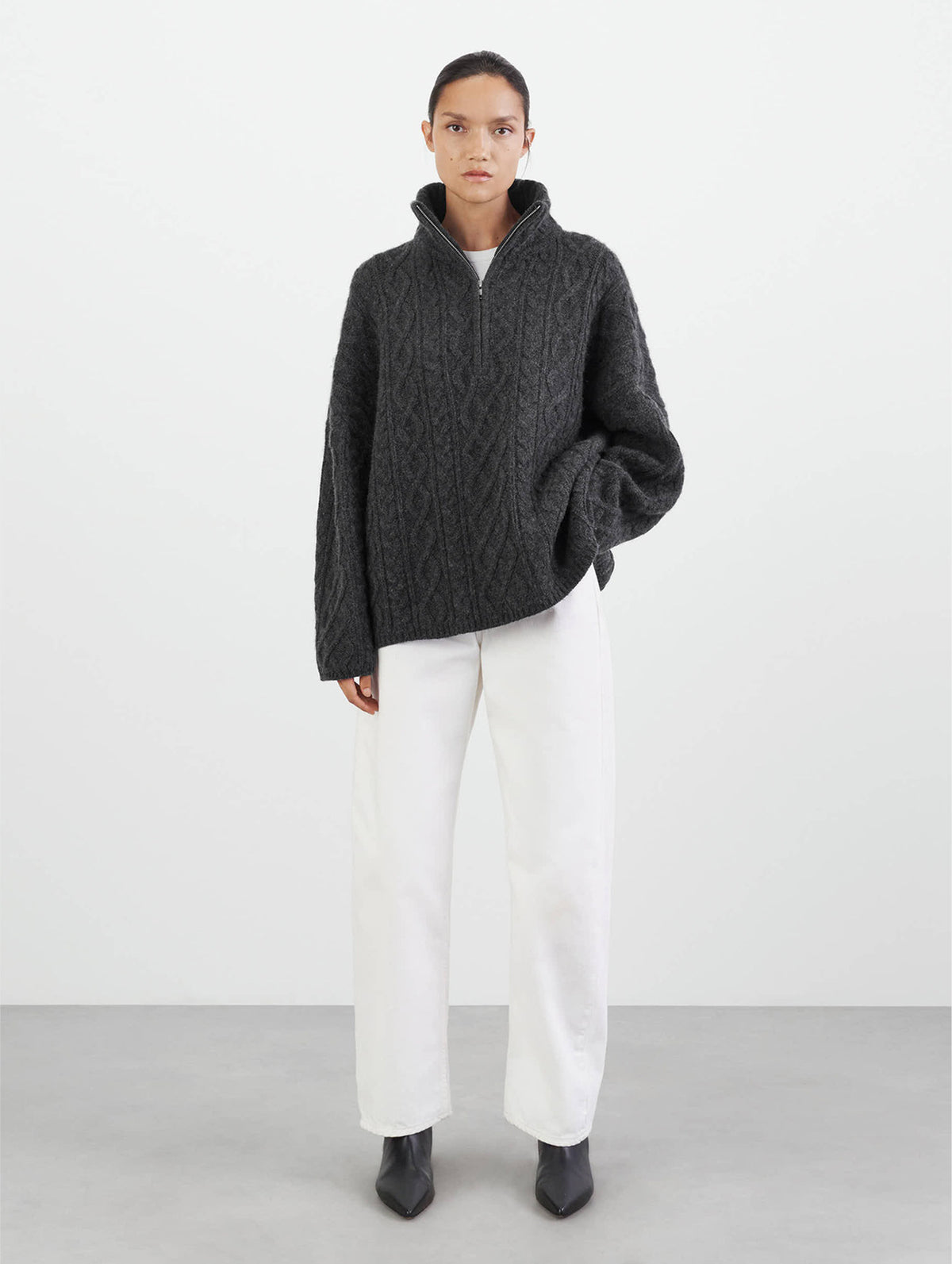 Chunky Cable Knit Zip in Charcoal