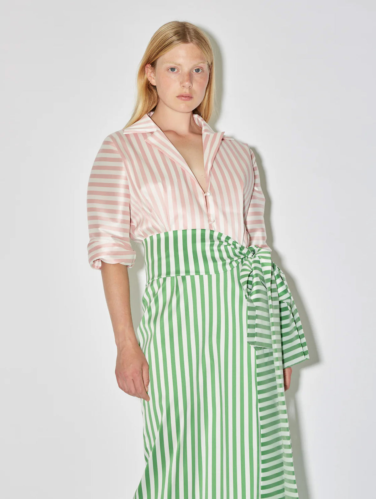 Claire Stripe Dress in Grass Green & Blush Pink