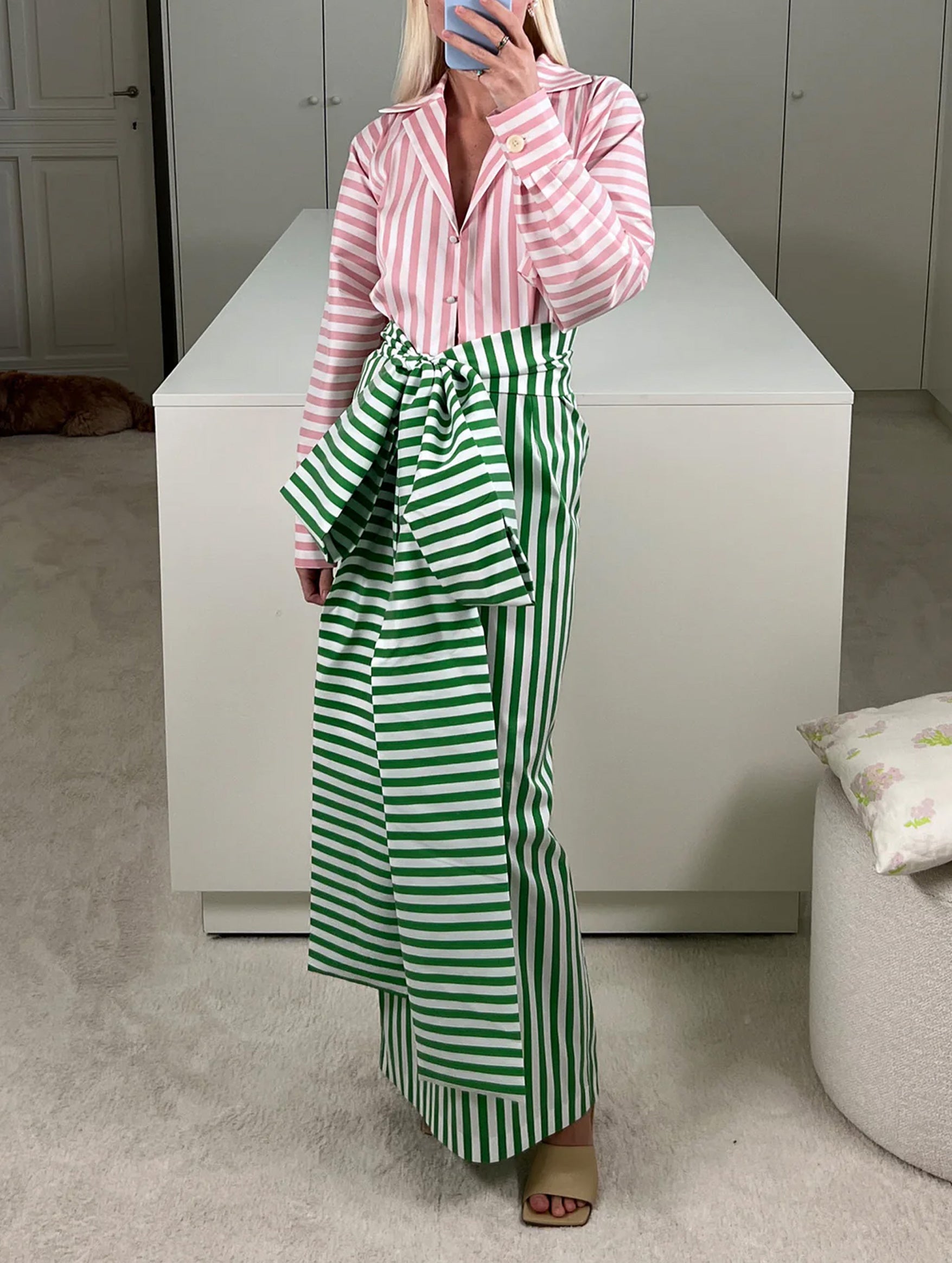 Claire Stripe Dress in Grass Green & Blush Pink