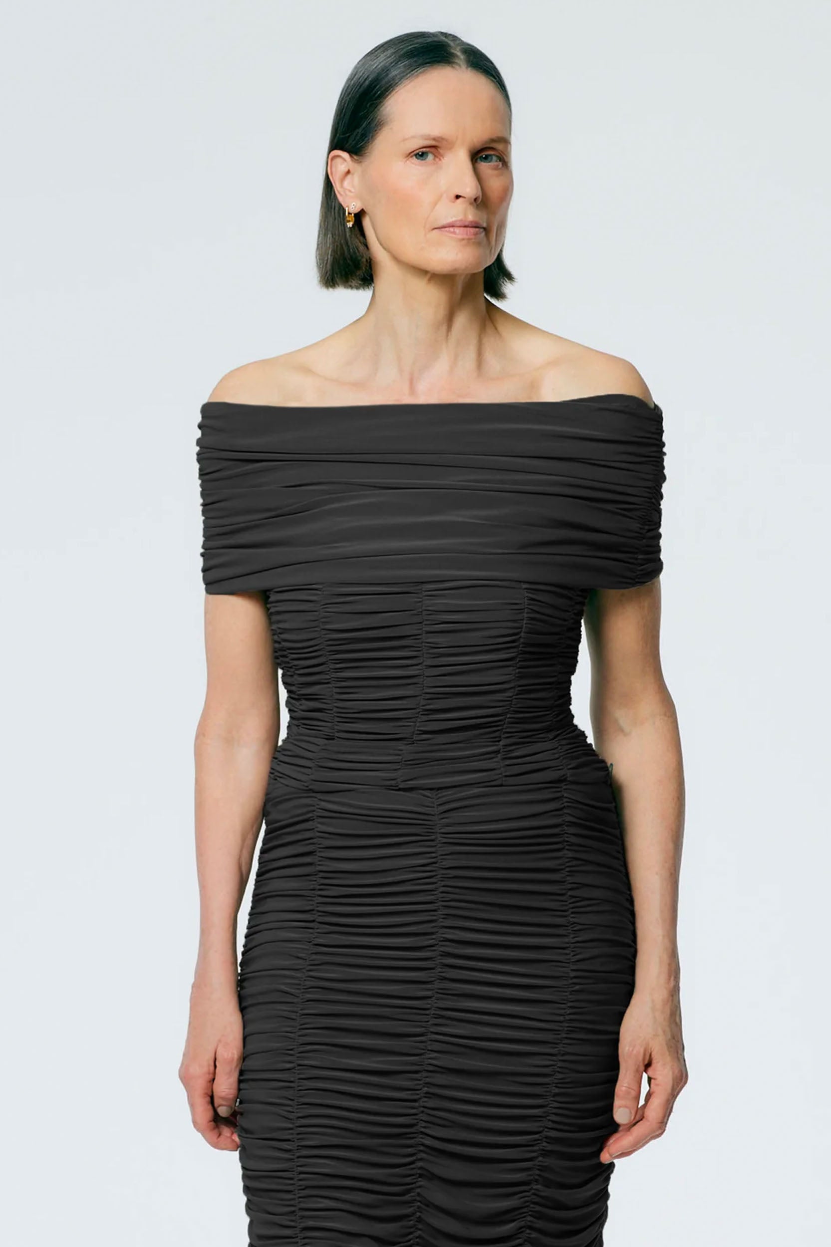 Drapey Jersey Ruched Strapless Top in Black
