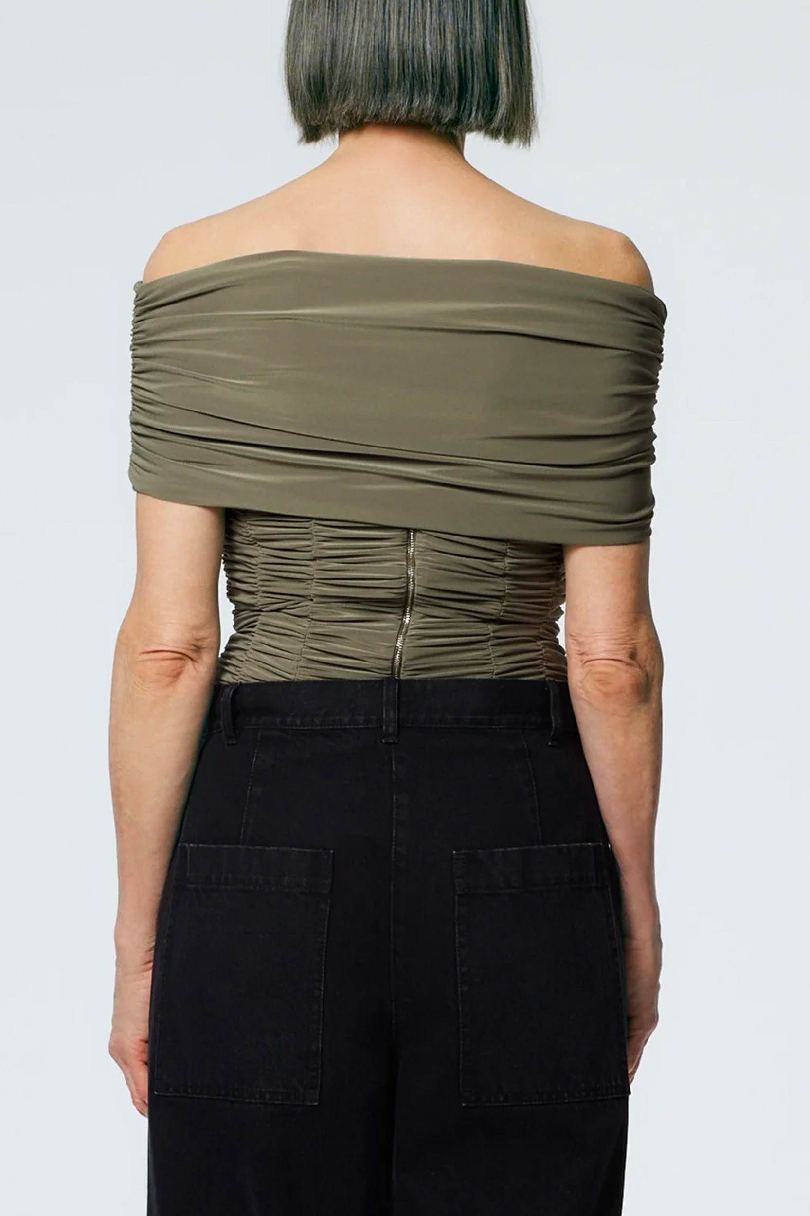 Drapey Jersey Ruched Strapless Top in Granite