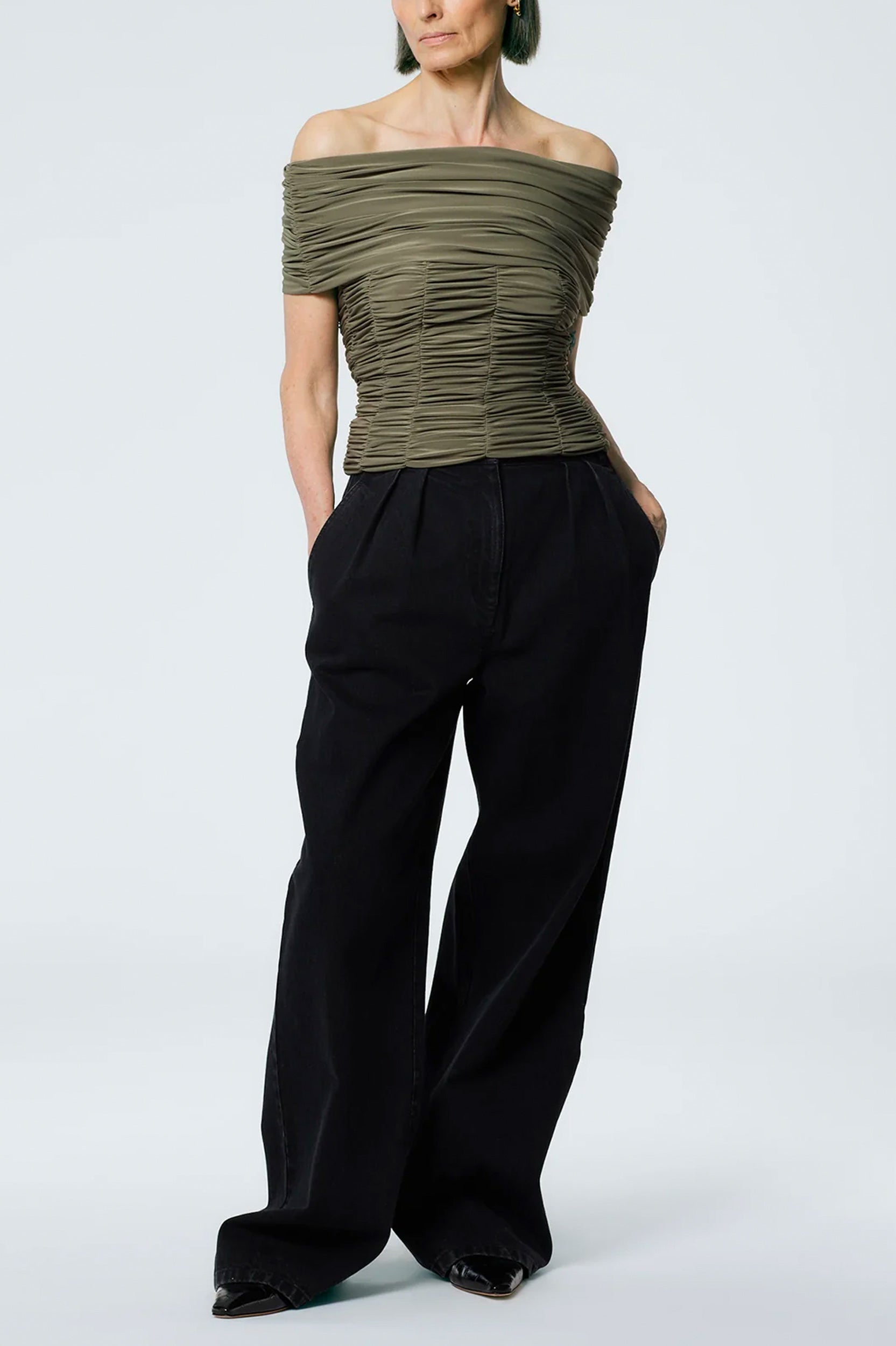 Drapey Jersey Ruched Strapless Top in Granite