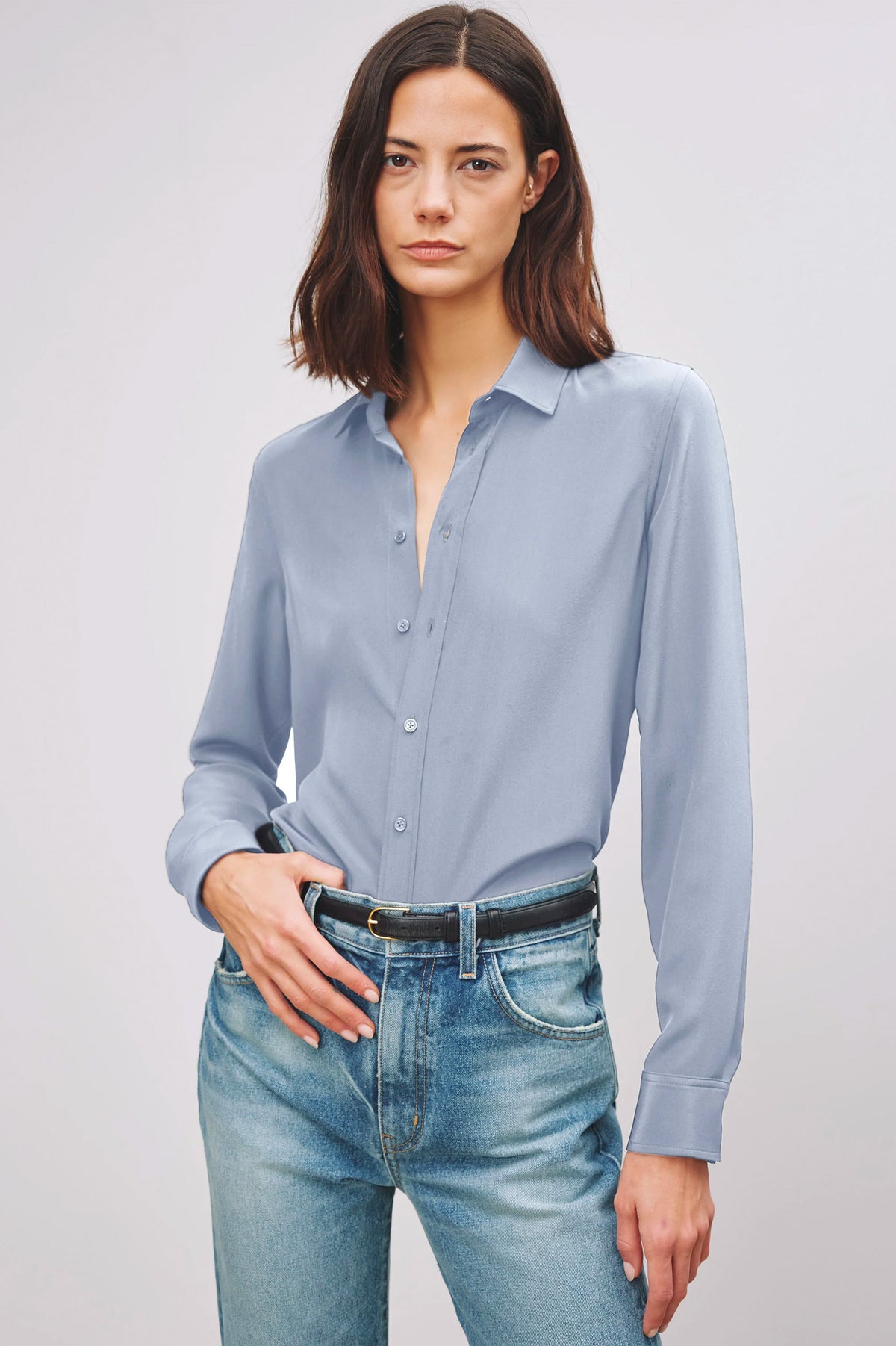 Gaia Silk Slim Shirt in Vintage Blue