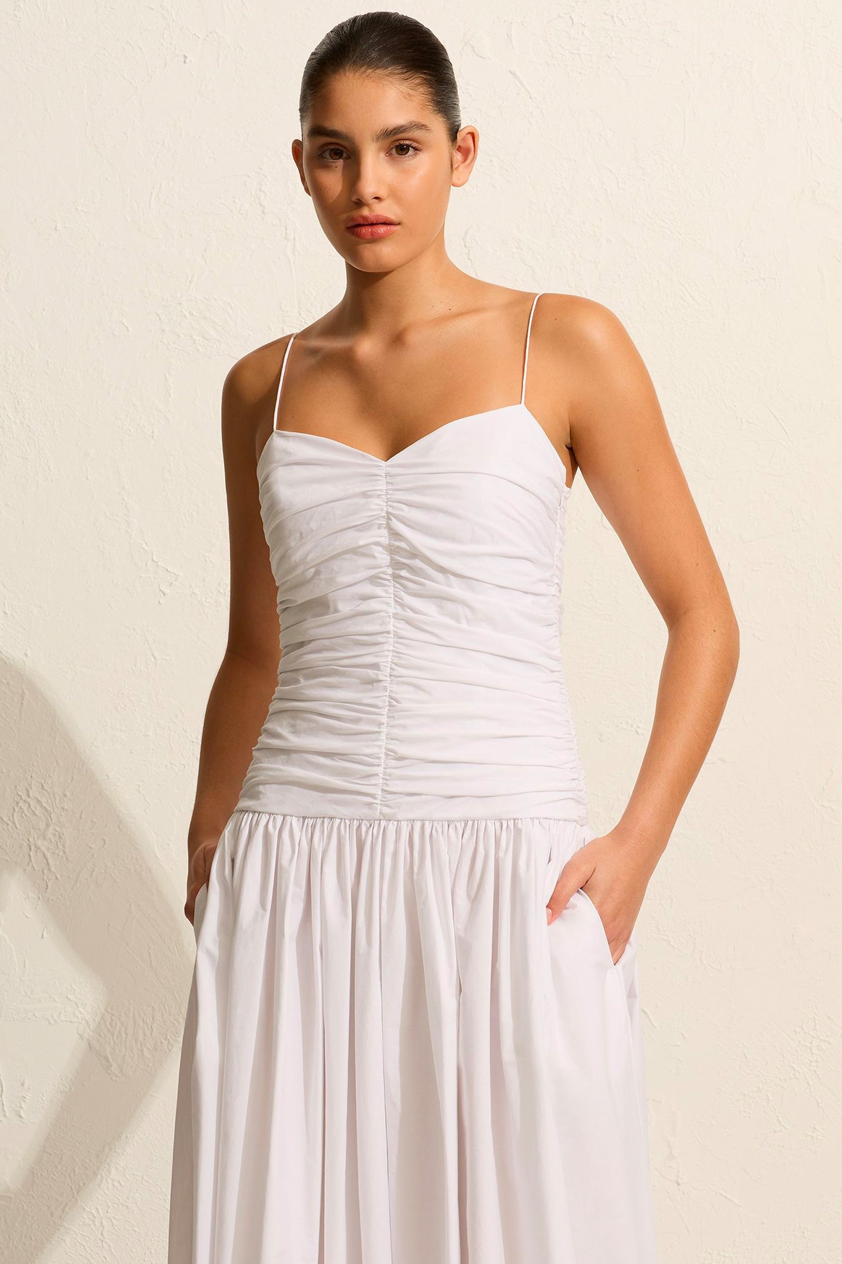 Gathered Drop Waist Dress in White