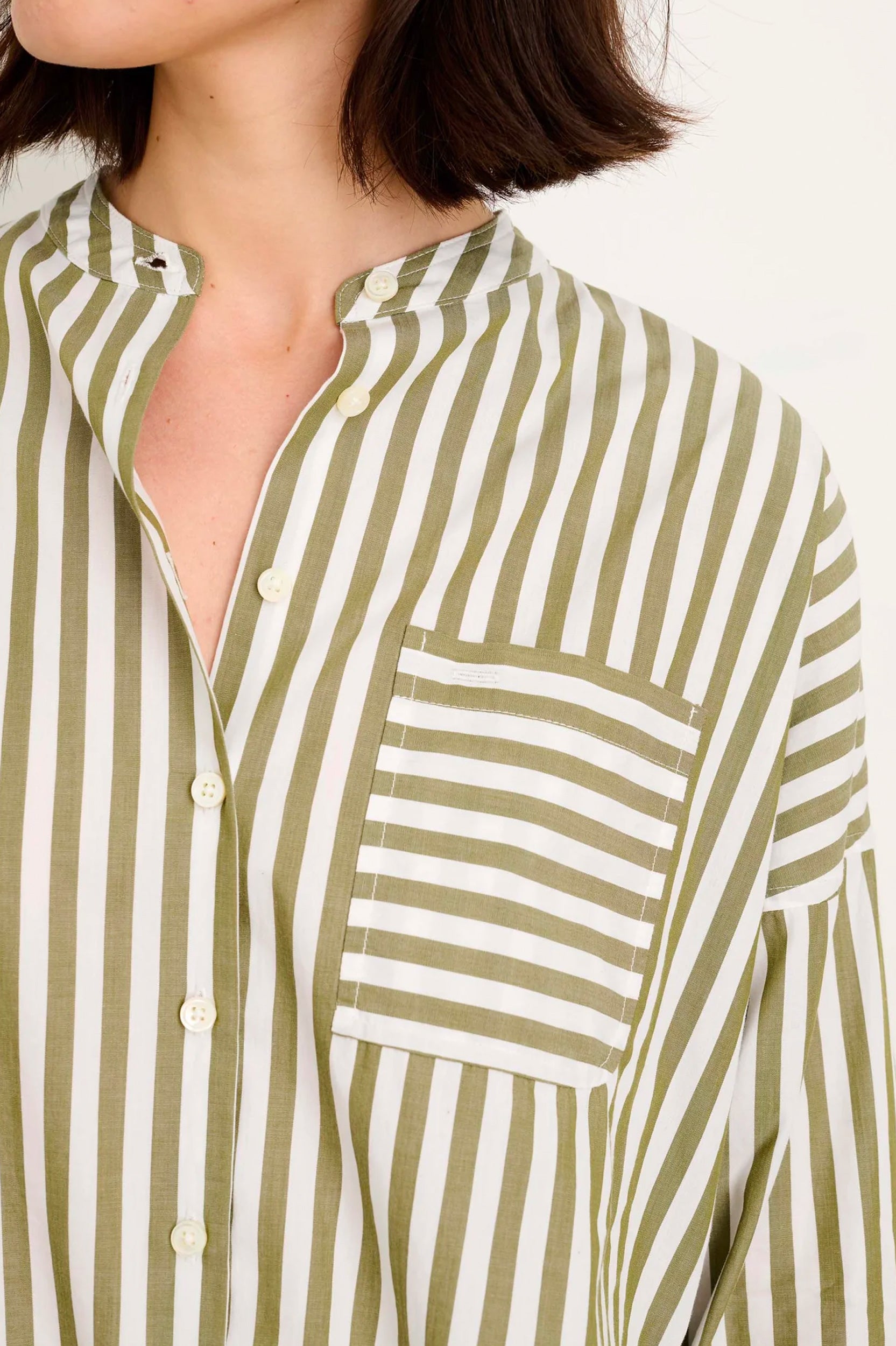 Jo Cotton Shirt in Olive Stripe