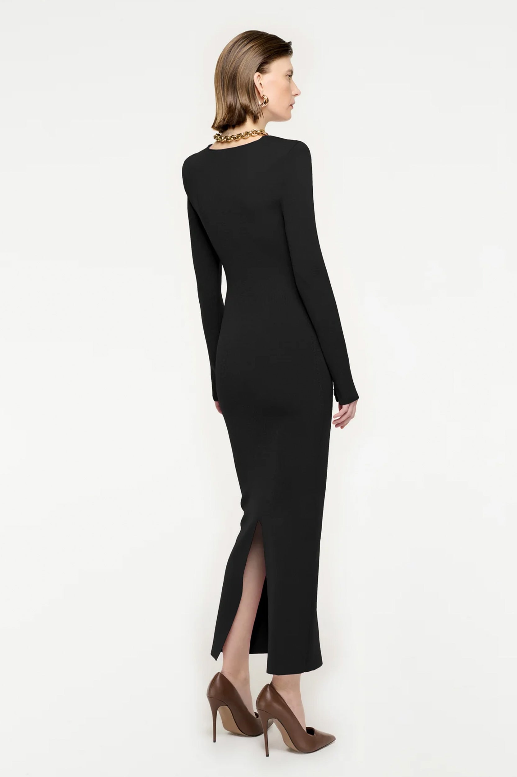 Long Sleeve Knit Midi Dress in Black