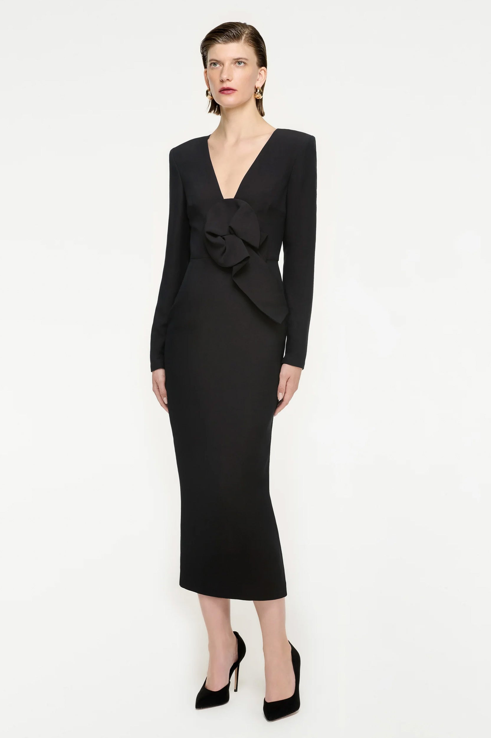 Long Sleeve Wool Silk Midi Dress in Black