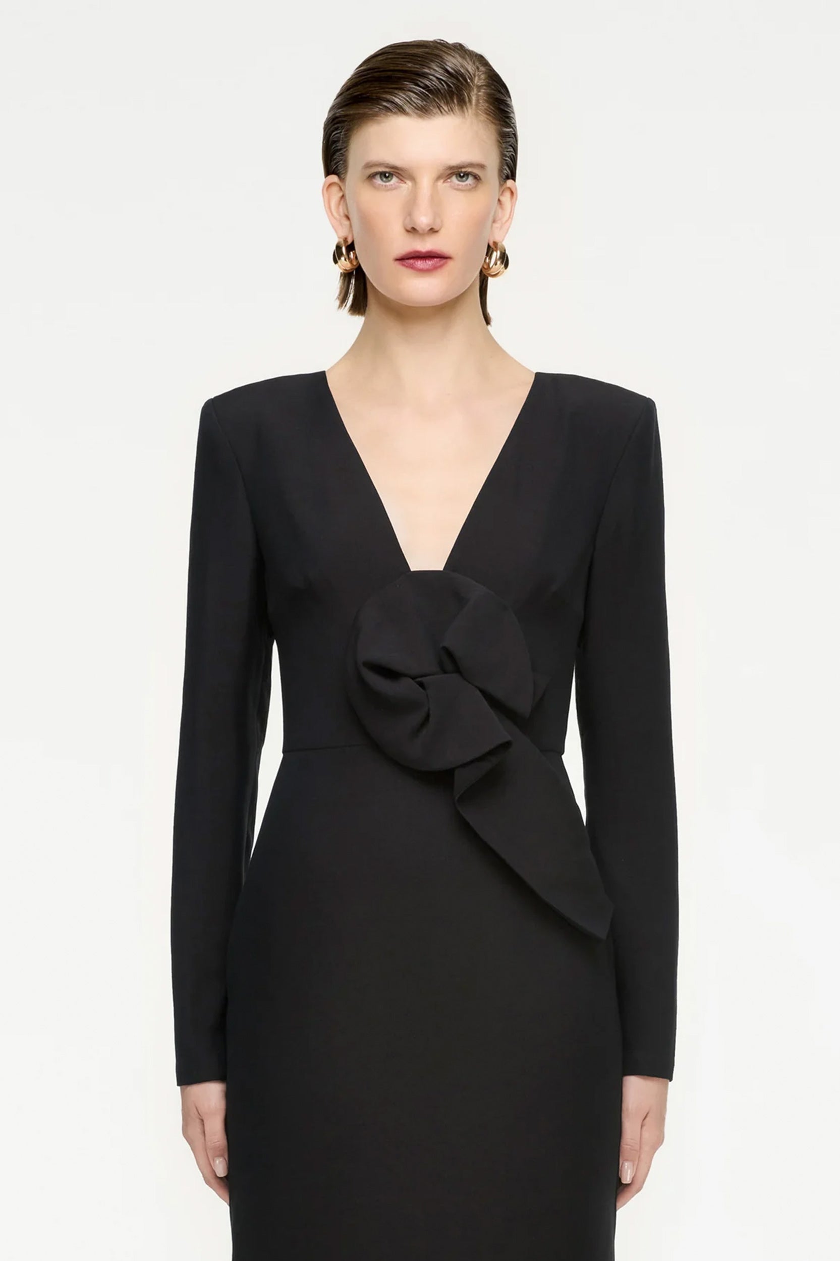 Long Sleeve Wool Silk Midi Dress in Black
