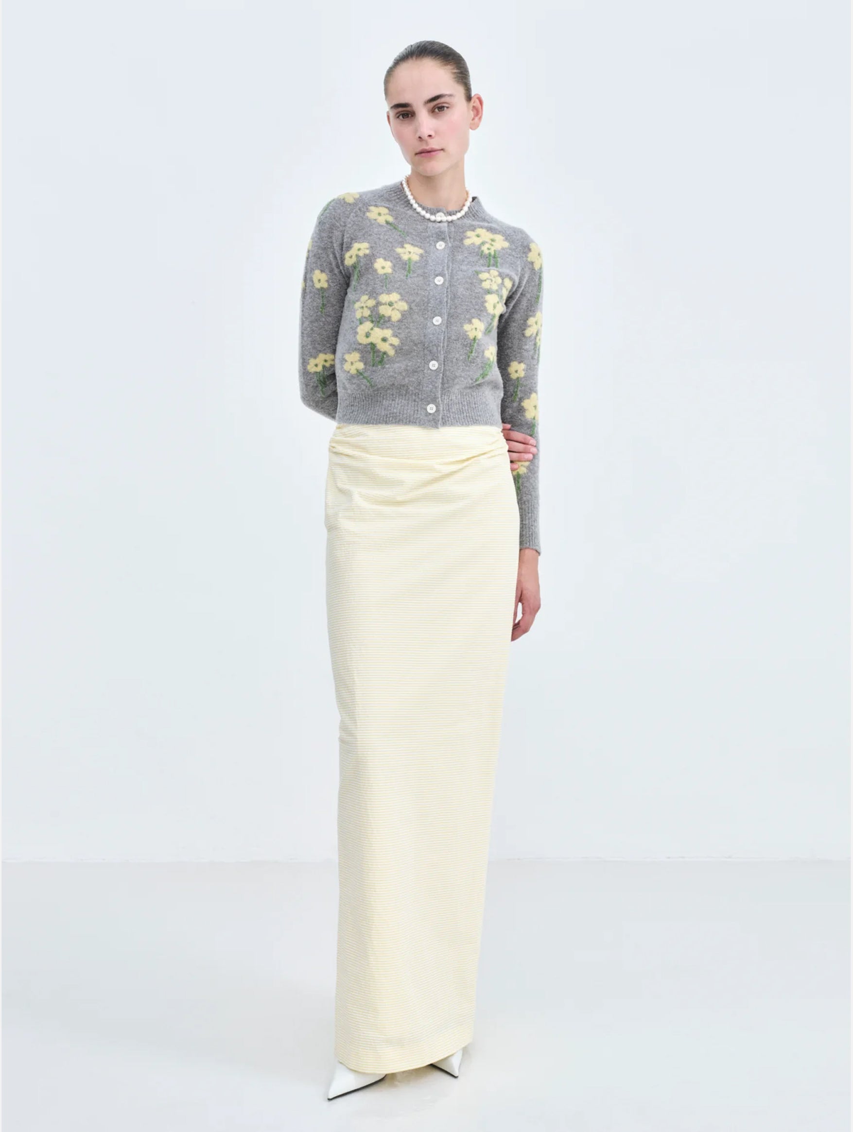 Nona Cardigan in Grey with Yellow Buttercups
