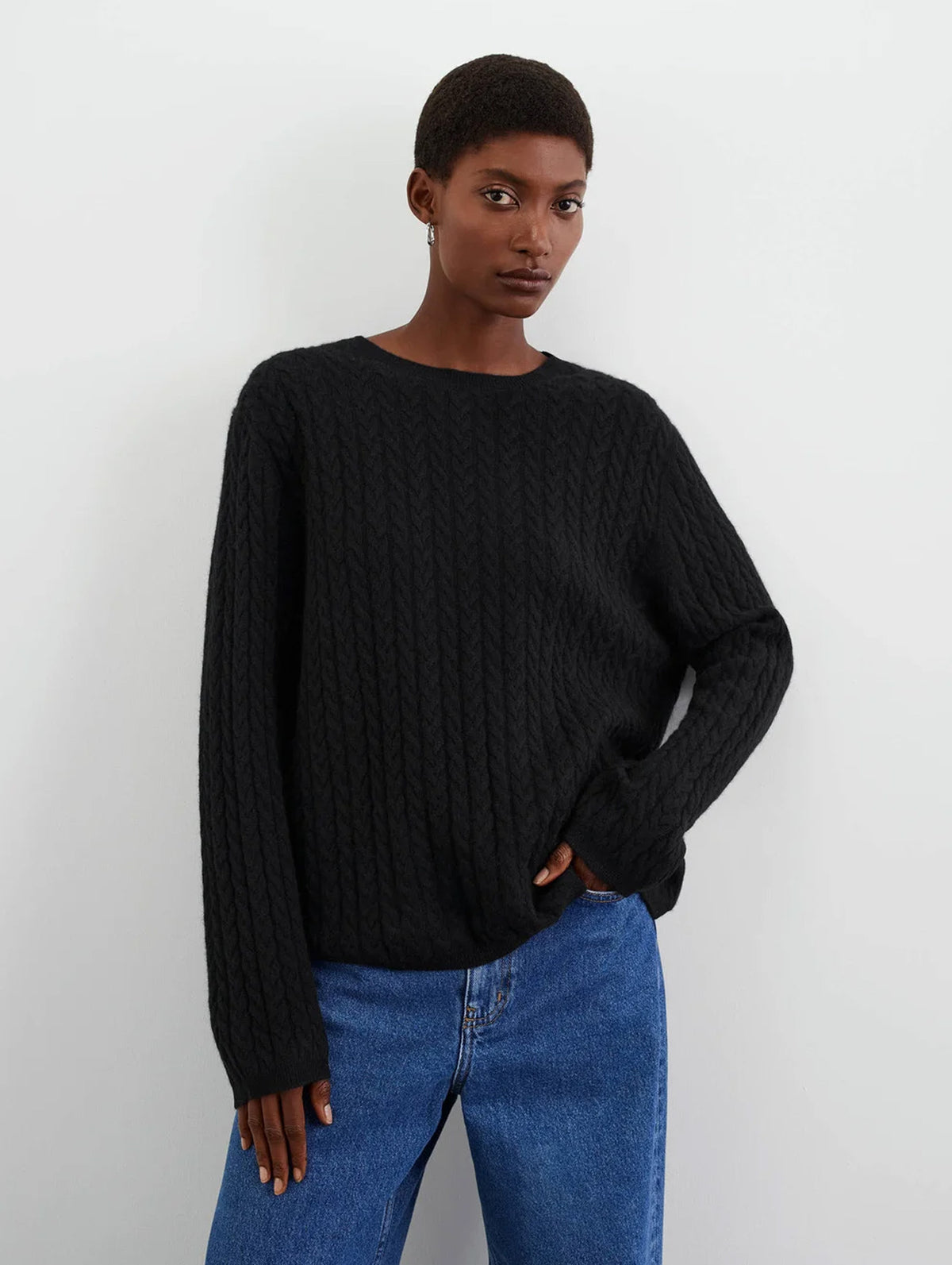 Oversized Cable Cashmere Sweater in Black