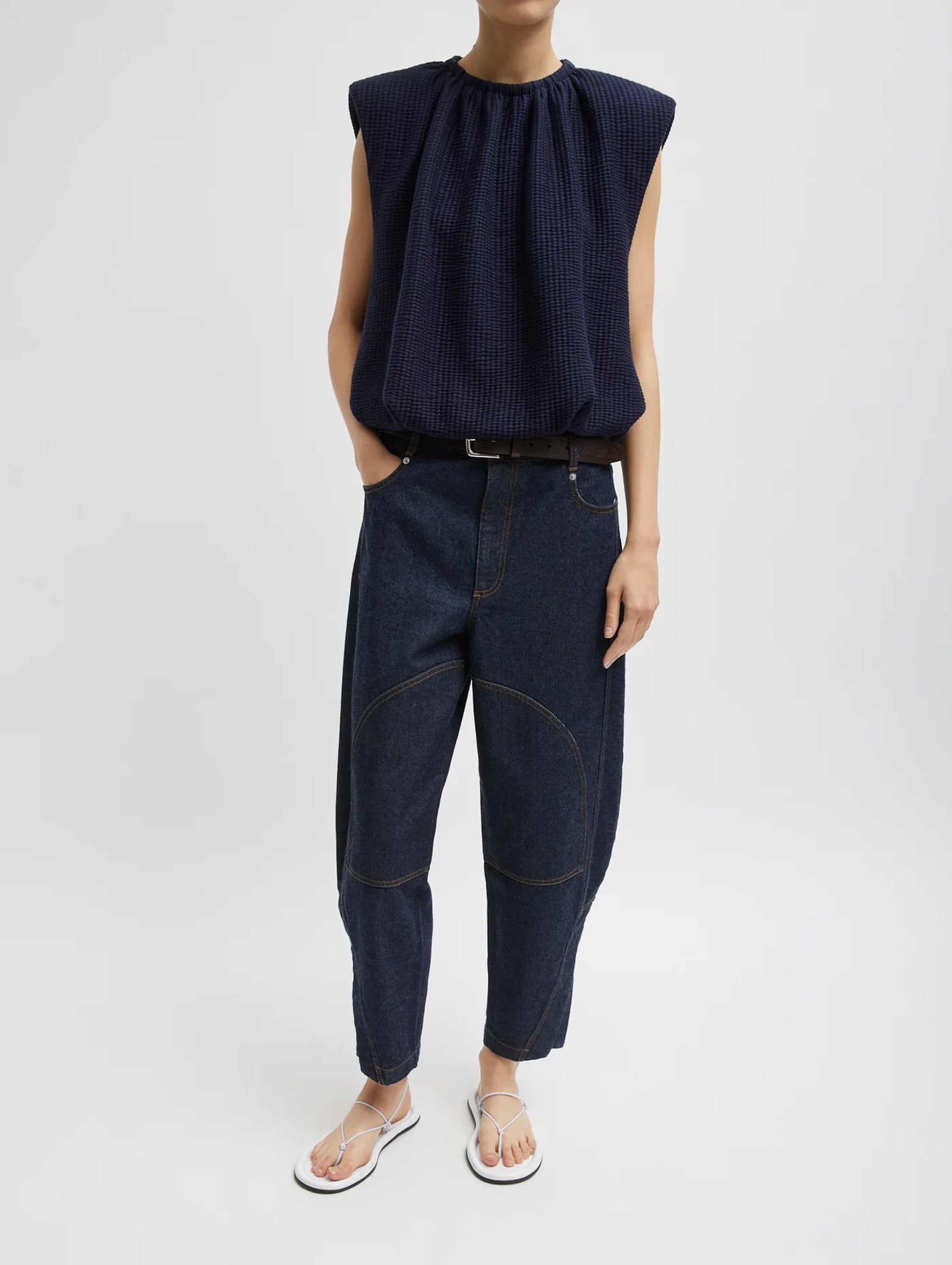 Quilted Waffle Shirred Neck Top in Navy