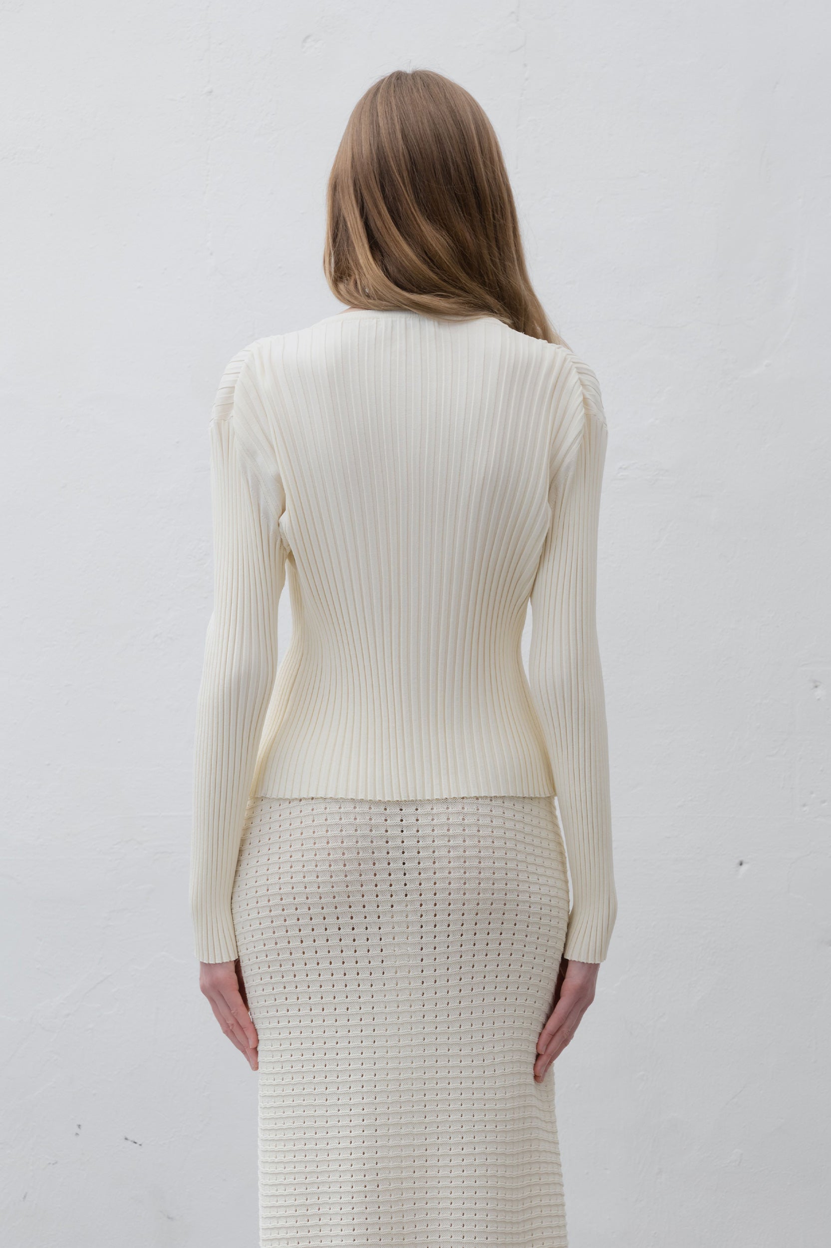 Ribbed Stretch Knit Cardigan in Ivory