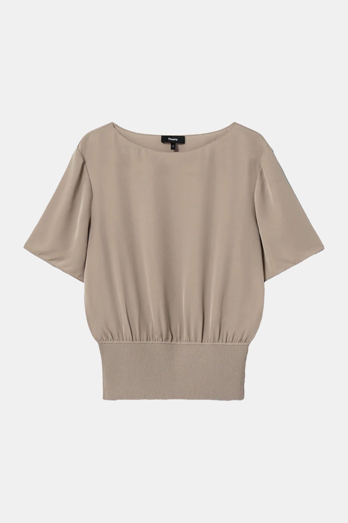 Ribbed Waist Silk Top in Taupe