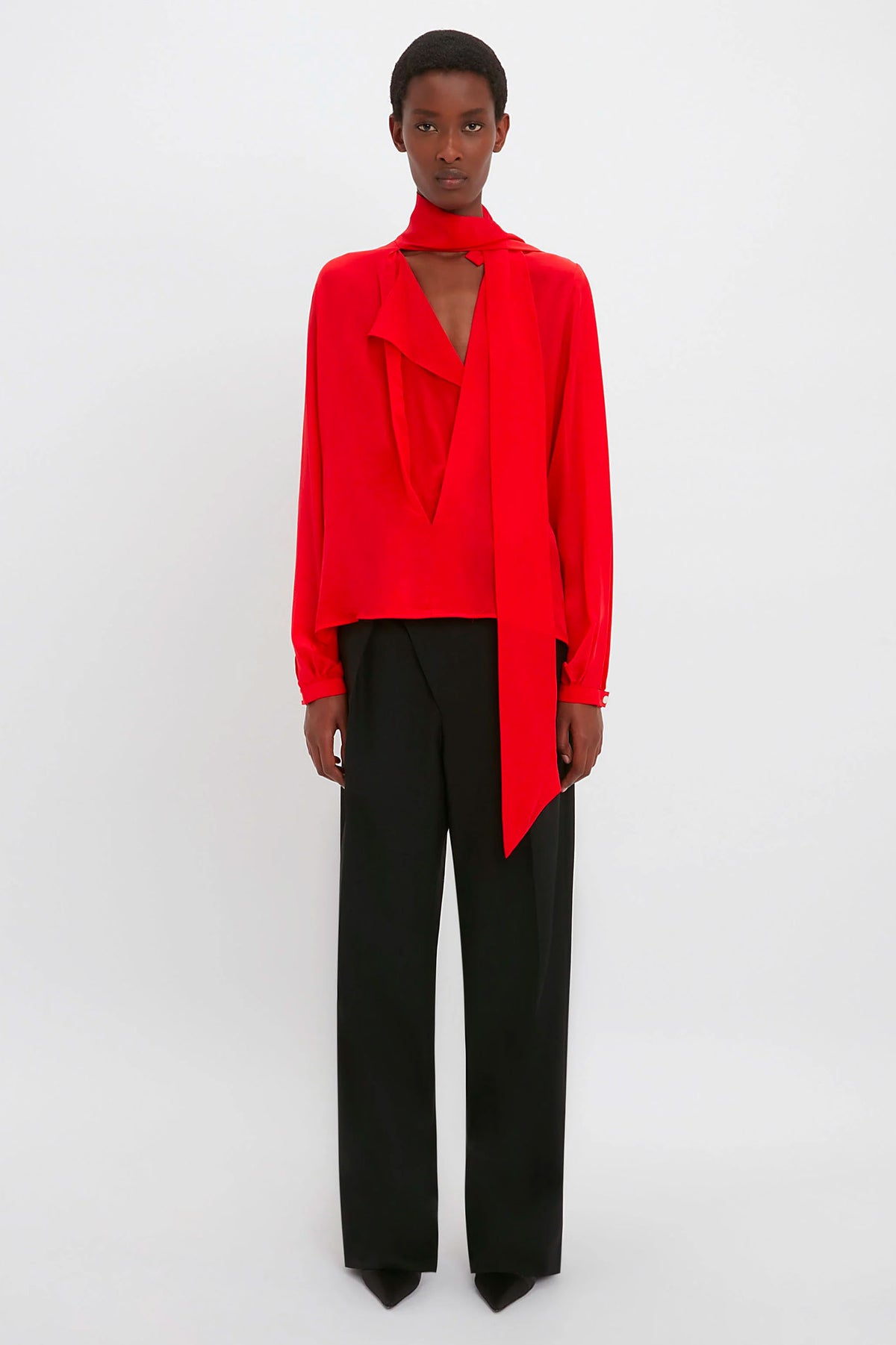 Scarf Neck Silk Blouse in Red