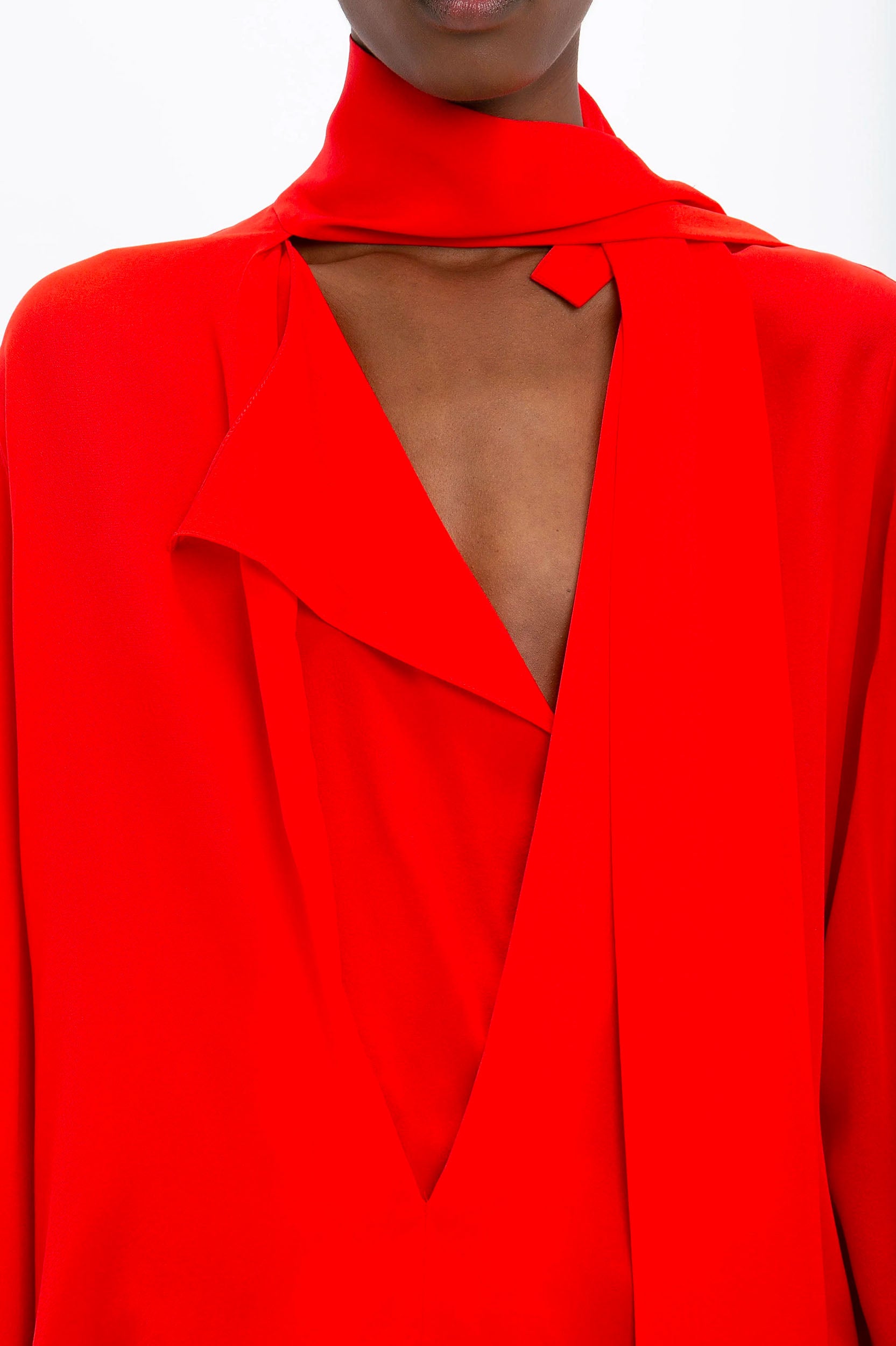 Scarf Neck Silk Blouse in Red