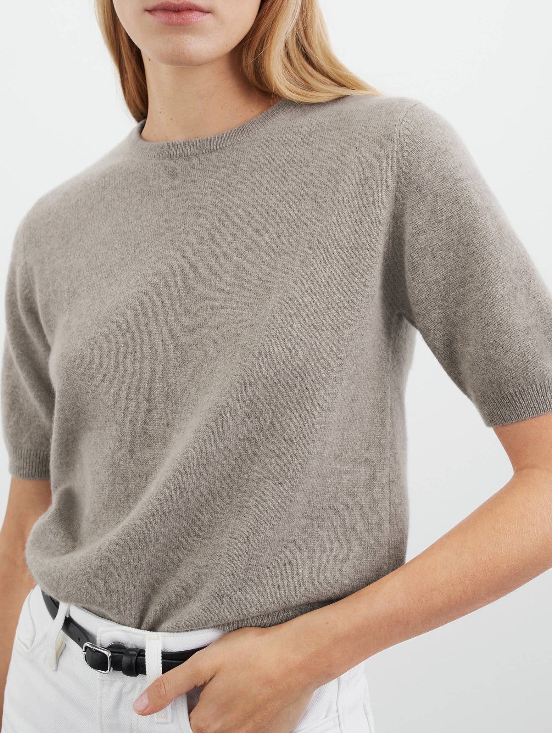 Short Sleeve O-Neck Cashmere Tee in Greige