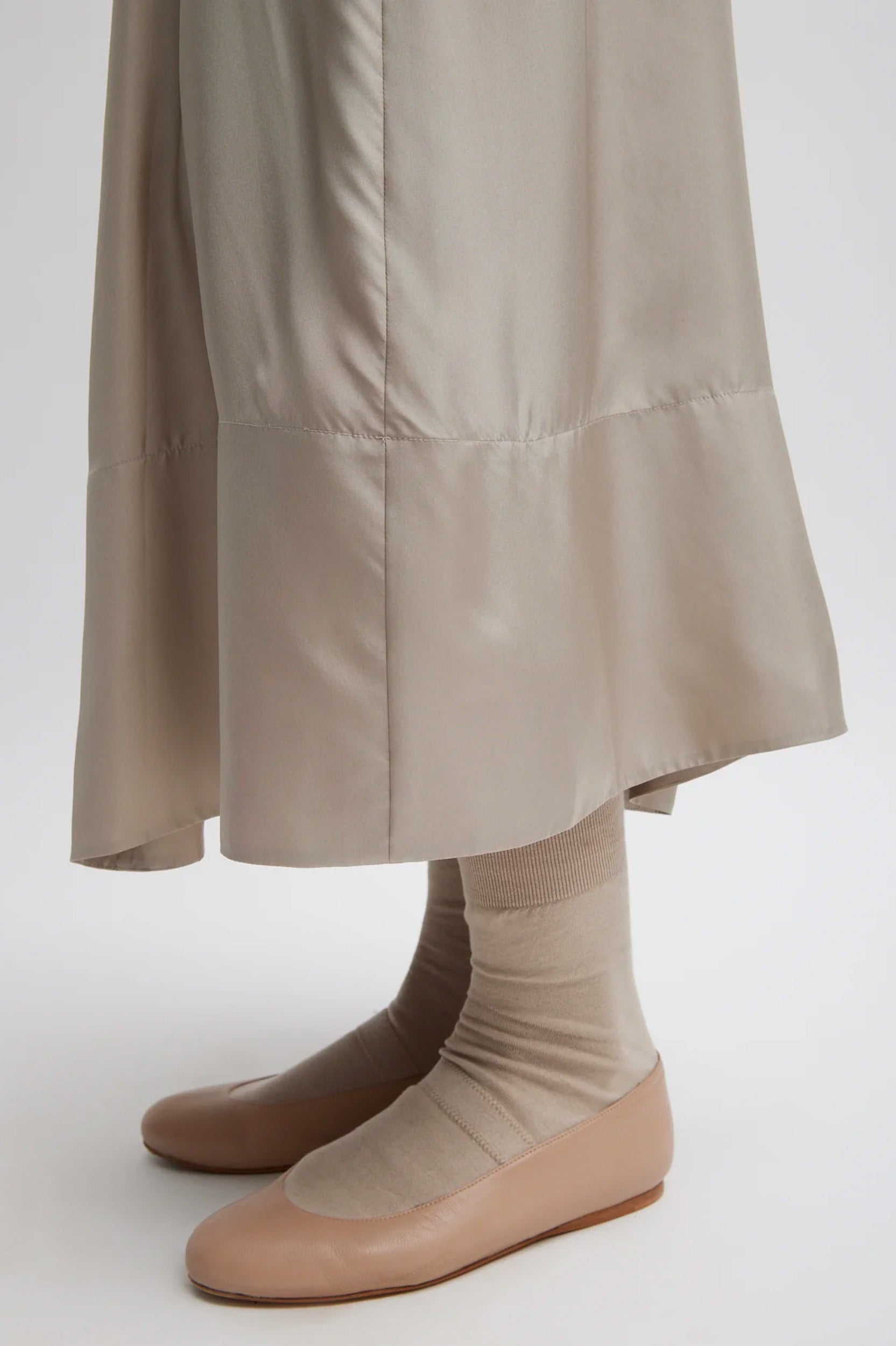 Silk Habutai Circular Seamed Skirt in Light Stone