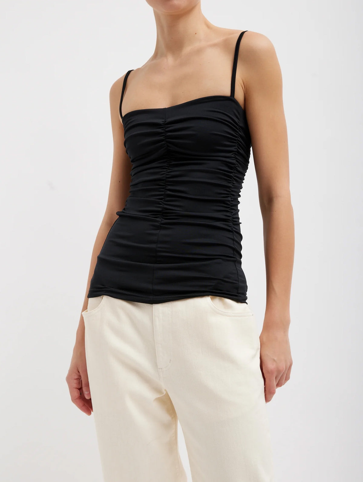 Stretch Light Weight Tech Knit Shirred Cami in Black
