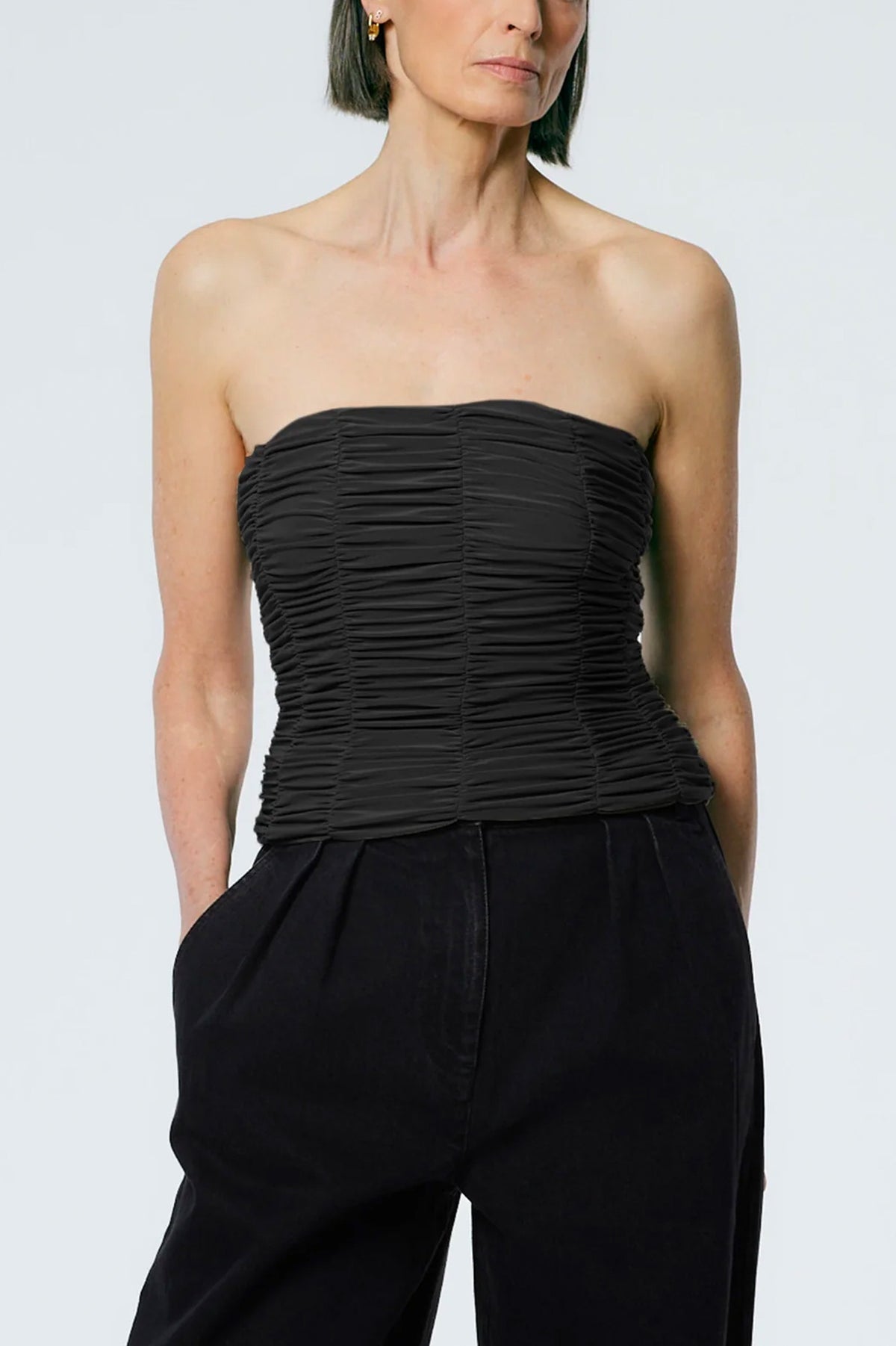 Drapey Jersey Ruched Strapless Top in Black