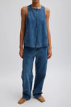 Tibi Spring Denim Tuck Jean in Classic Blue - Short
